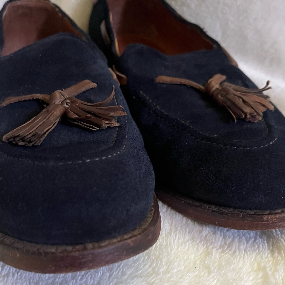 RARE MODEL | ALLEN EDMONDS 11E NAVY BLUE SUEDE ACHESON TASSEL LOAFER DRESS SHOES - Picture 5 of 13